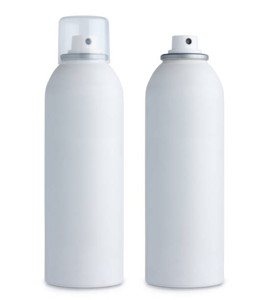 Blank white aluminum spray can, with cap and without, closed and open, isolated on white background